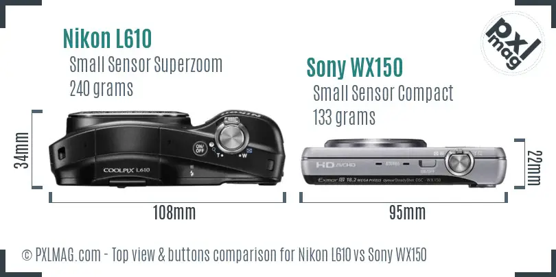 Nikon L610 vs Sony WX150 top view buttons comparison