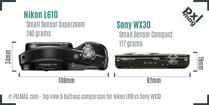 Nikon L610 vs Sony WX30 top view buttons comparison