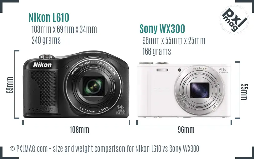 Nikon L610 vs Sony WX300 size comparison