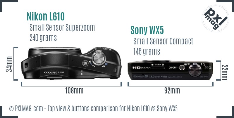 Nikon L610 vs Sony WX5 top view buttons comparison