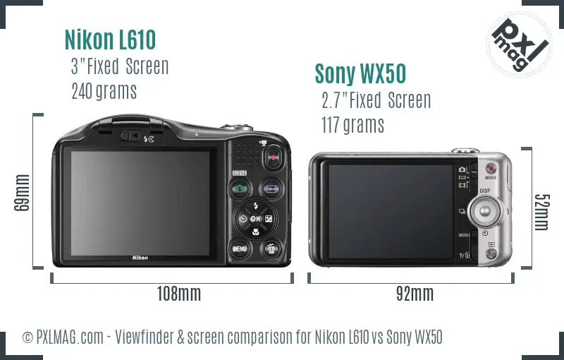 Nikon L610 vs Sony WX50 Screen and Viewfinder comparison