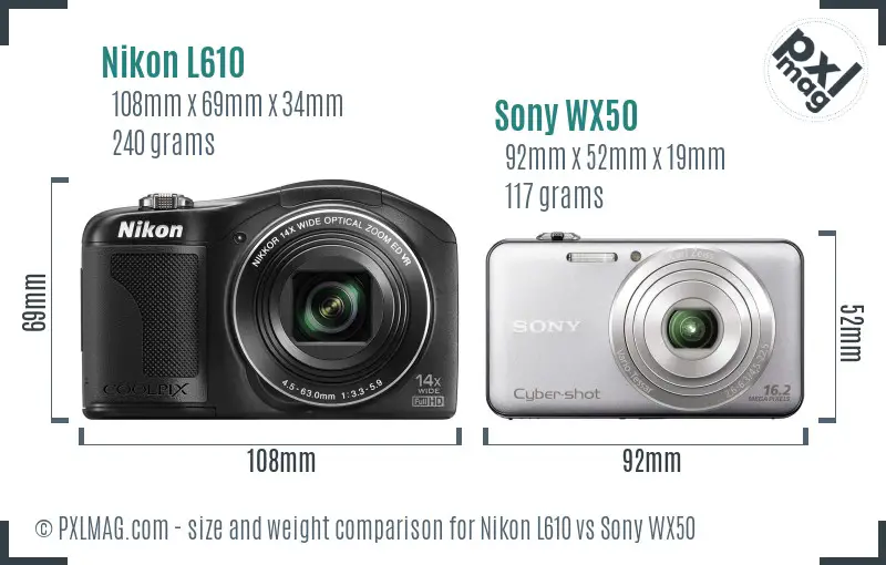 Nikon L610 vs Sony WX50 size comparison