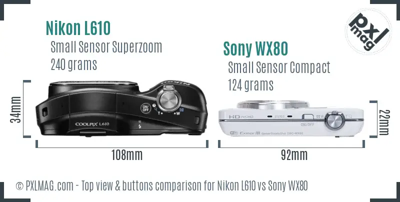 Nikon L610 vs Sony WX80 top view buttons comparison