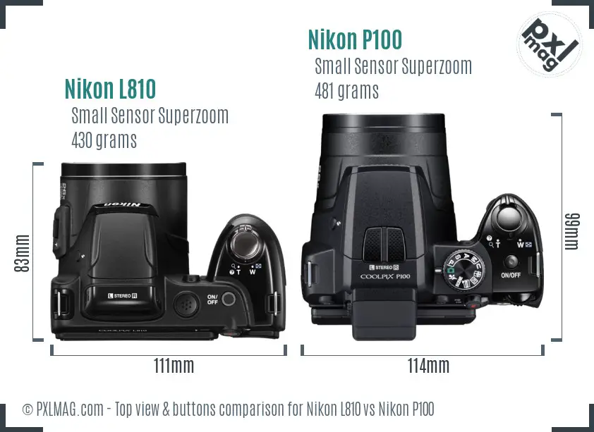 Nikon L810 vs Nikon P100 top view buttons comparison Nikon L810 vs Nikon P100 top view buttons comparison
