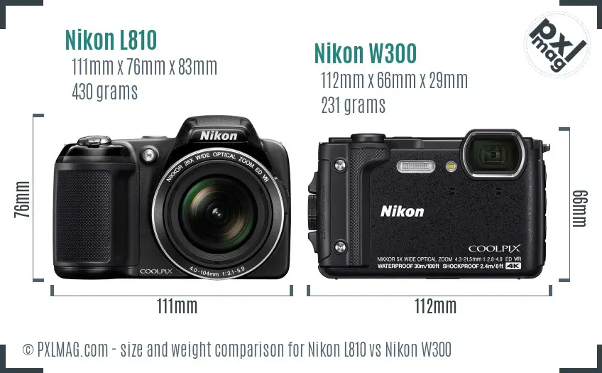 Nikon L810 vs Nikon W300 size comparison