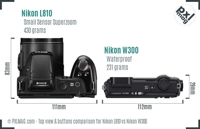 Nikon L810 vs Nikon W300 top view buttons comparison