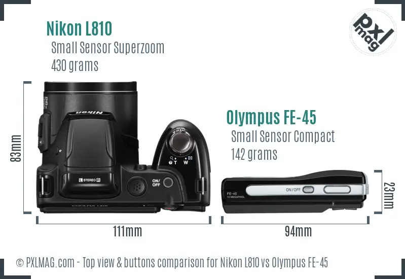 Nikon L810 vs Olympus FE-45 top view buttons comparison