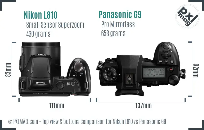 Nikon L810 vs Panasonic G9 top view buttons comparison