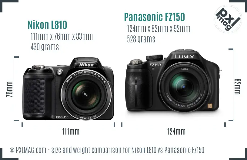Nikon L810 vs Panasonic FZ150 size comparison