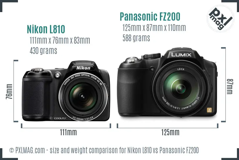 Nikon L810 vs Panasonic FZ200 size comparison