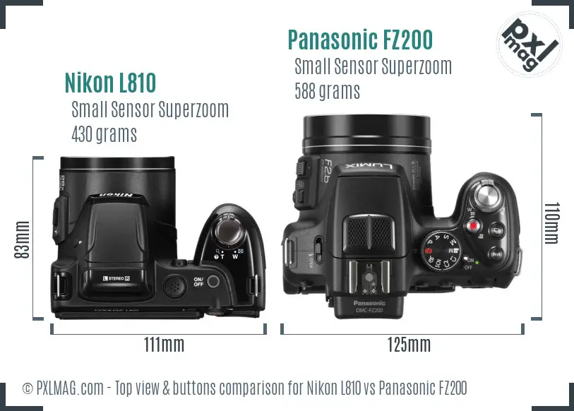 Nikon L810 vs Panasonic FZ200 top view buttons comparison
