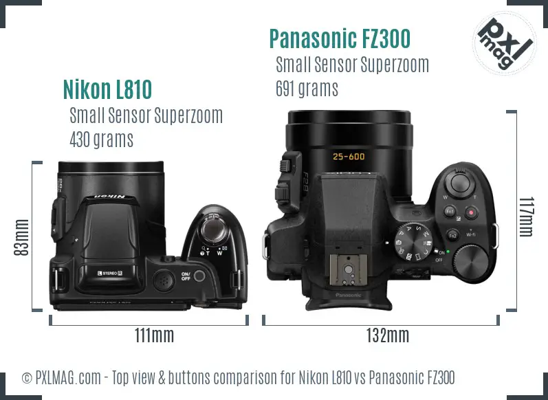 Nikon L810 vs Panasonic FZ300 top view buttons comparison
