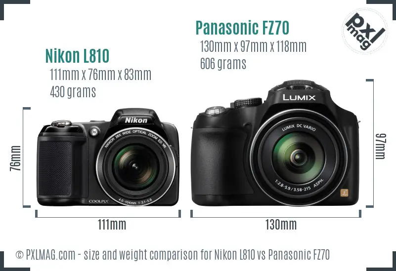 Nikon L810 vs Panasonic FZ70 size comparison