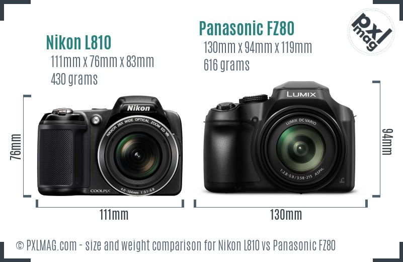 Nikon L810 vs Panasonic FZ80 size comparison