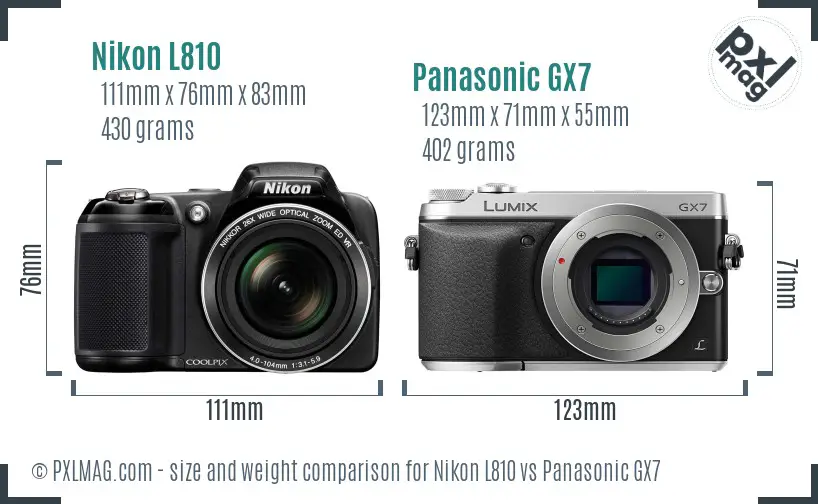 Nikon L810 vs Panasonic GX7 size comparison