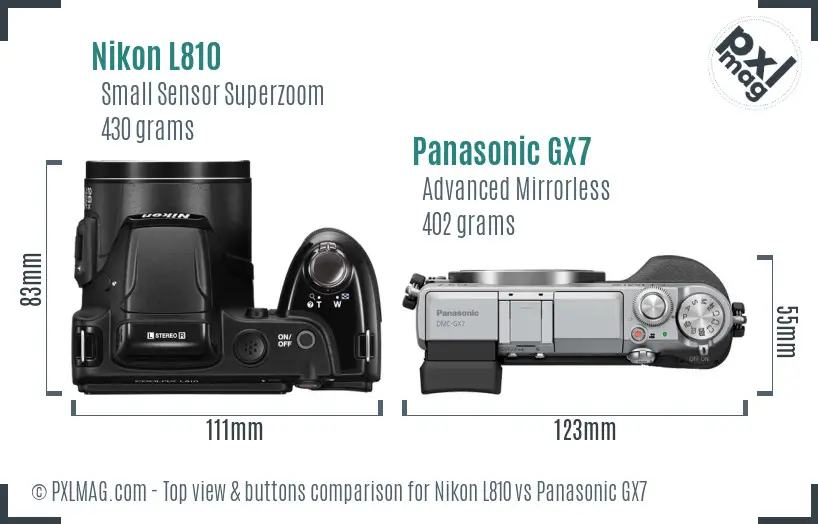 Nikon L810 vs Panasonic GX7 top view buttons comparison