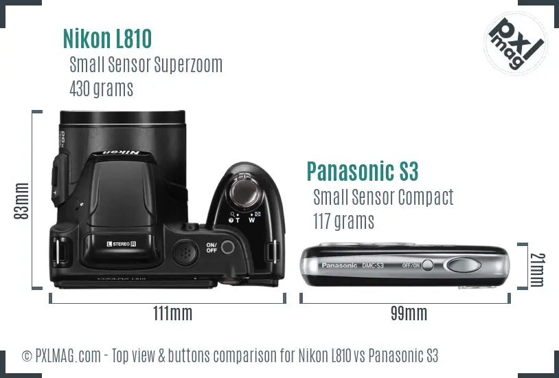 Nikon L810 vs Panasonic S3 top view buttons comparison