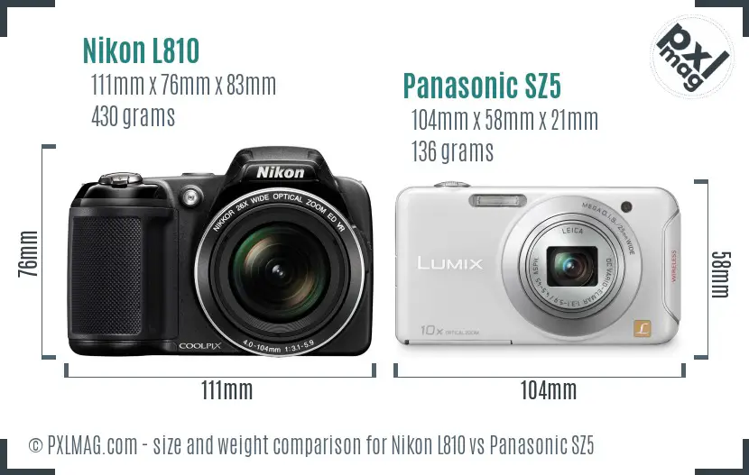 Nikon L810 vs Panasonic SZ5 size comparison