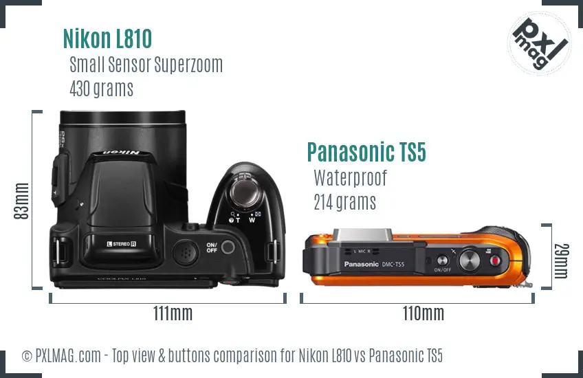 Nikon L810 vs Panasonic TS5 top view buttons comparison Nikon L810 vs Panasonic TS5 top view buttons comparison