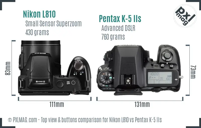 Nikon L810 vs Pentax K-5 IIs top view buttons comparison