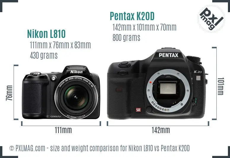 Nikon L810 vs Pentax K20D size comparison