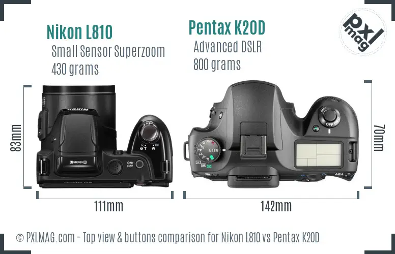 Nikon L810 vs Pentax K20D top view buttons comparison