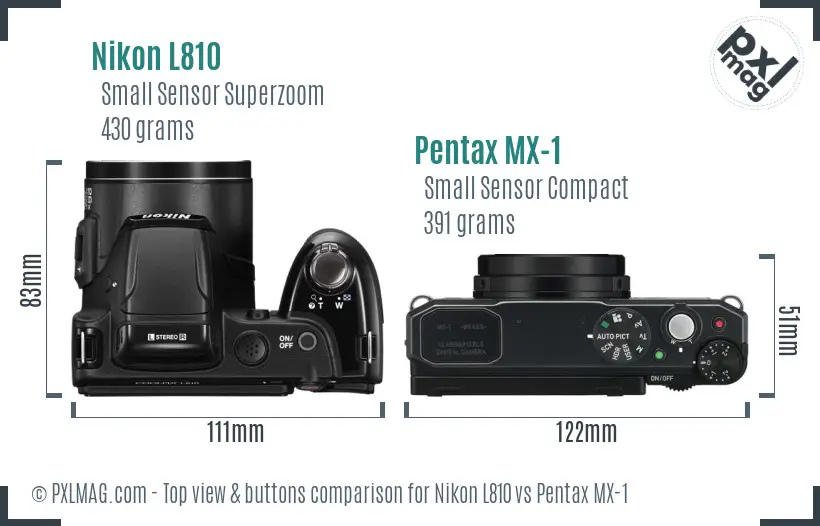 Nikon L810 vs Pentax MX-1 top view buttons comparison