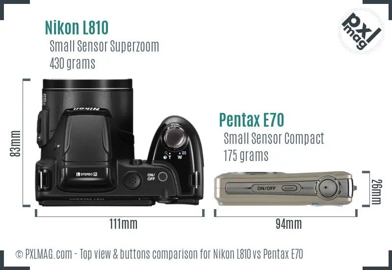 Nikon L810 vs Pentax E70 top view buttons comparison