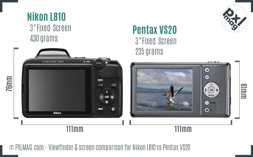 Nikon L810 vs Pentax VS20 Screen and Viewfinder comparison