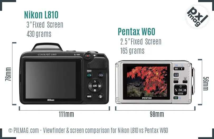 Nikon L810 vs Pentax W60 Screen and Viewfinder comparison