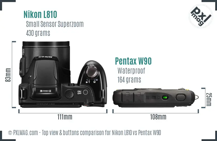 Nikon L810 vs Pentax W90 top view buttons comparison