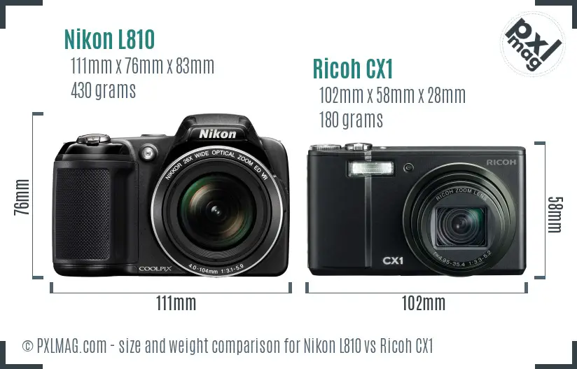 Nikon L810 vs Ricoh CX1 size comparison