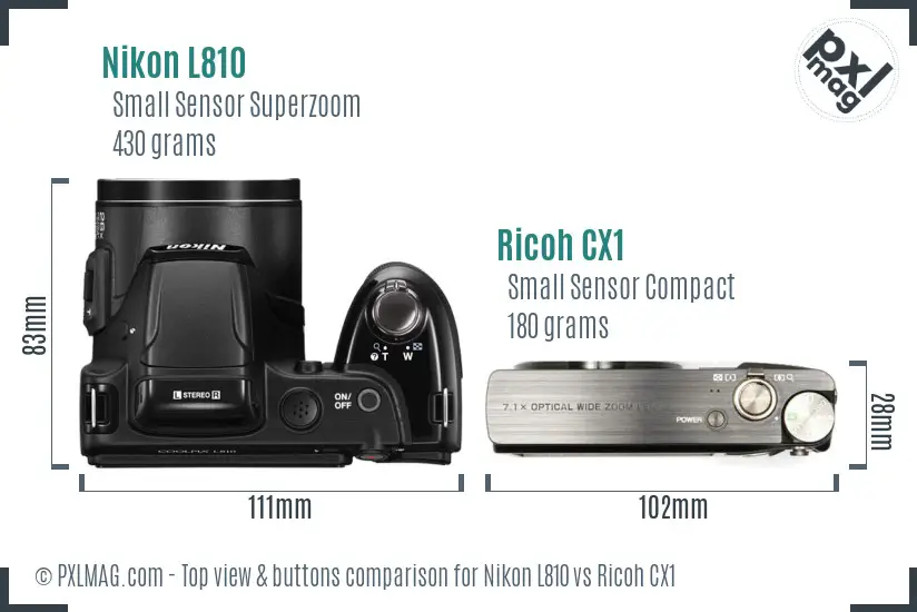 Nikon L810 vs Ricoh CX1 top view buttons comparison