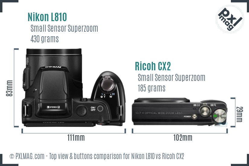 Nikon L810 vs Ricoh CX2 top view buttons comparison