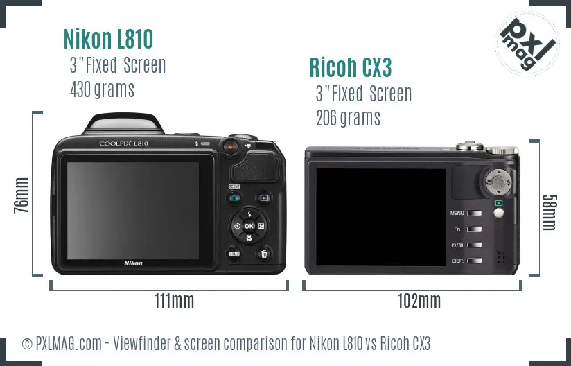 Nikon L810 vs Ricoh CX3 Screen and Viewfinder comparison