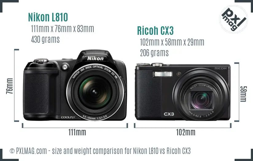 Nikon L810 vs Ricoh CX3 size comparison