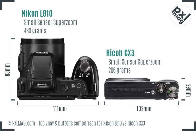 Nikon L810 vs Ricoh CX3 top view buttons comparison