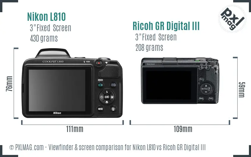 Nikon L810 vs Ricoh GR Digital III Screen and Viewfinder comparison