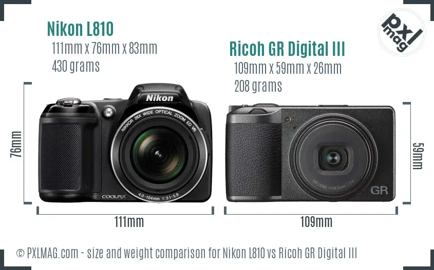 Nikon L810 vs Ricoh GR Digital III size comparison