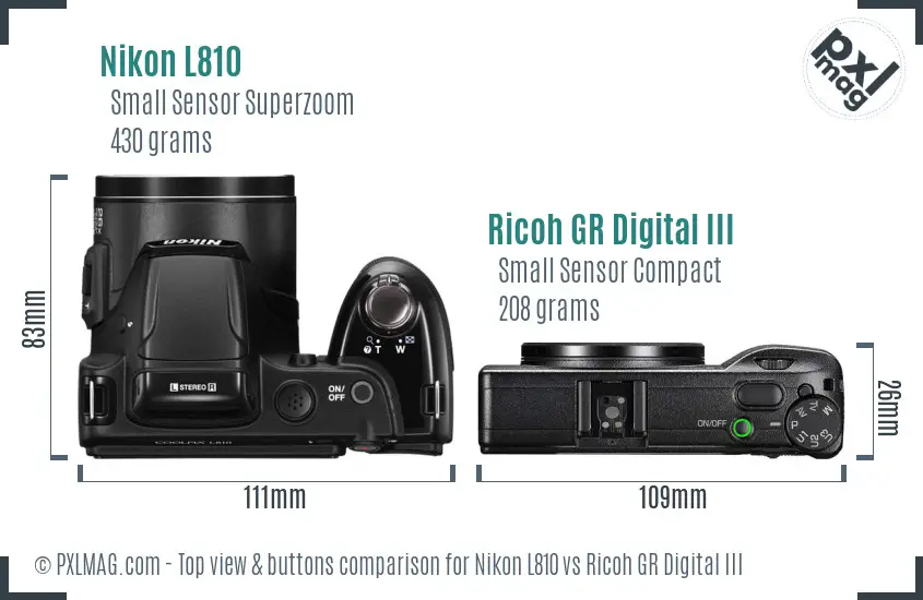 Nikon L810 vs Ricoh GR Digital III top view buttons comparison