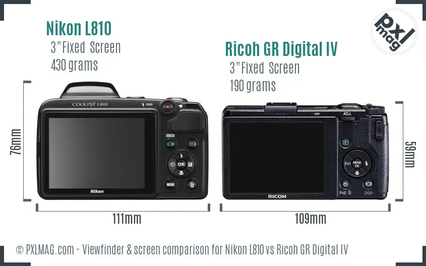 Nikon L810 vs Ricoh GR Digital IV Screen and Viewfinder comparison