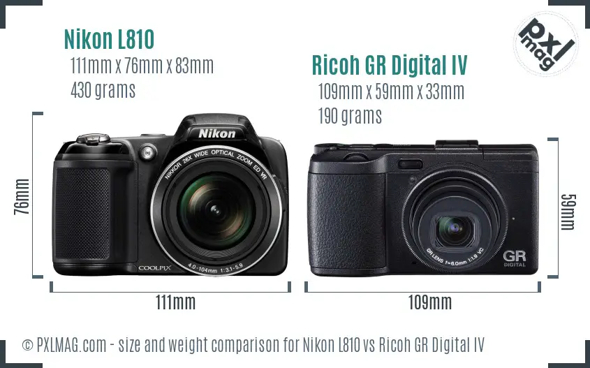 Nikon L810 vs Ricoh GR Digital IV size comparison