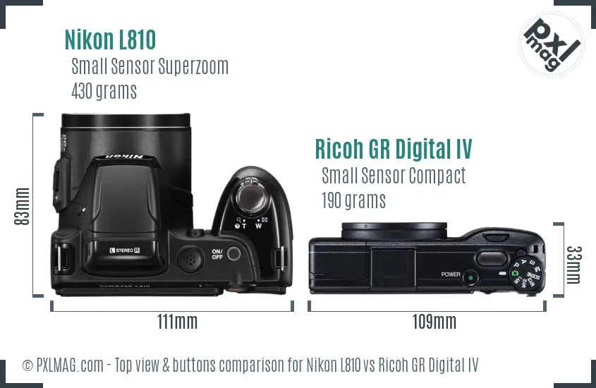 Nikon L810 vs Ricoh GR Digital IV top view buttons comparison