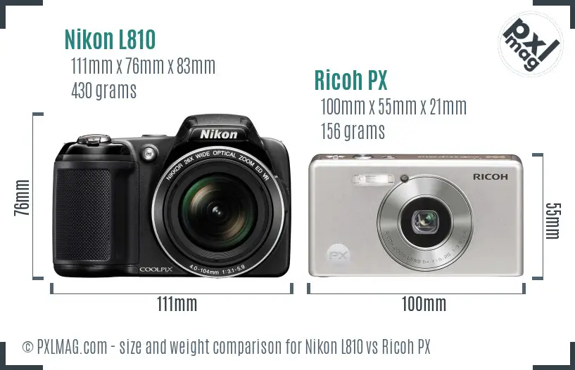 Nikon L810 vs Ricoh PX size comparison