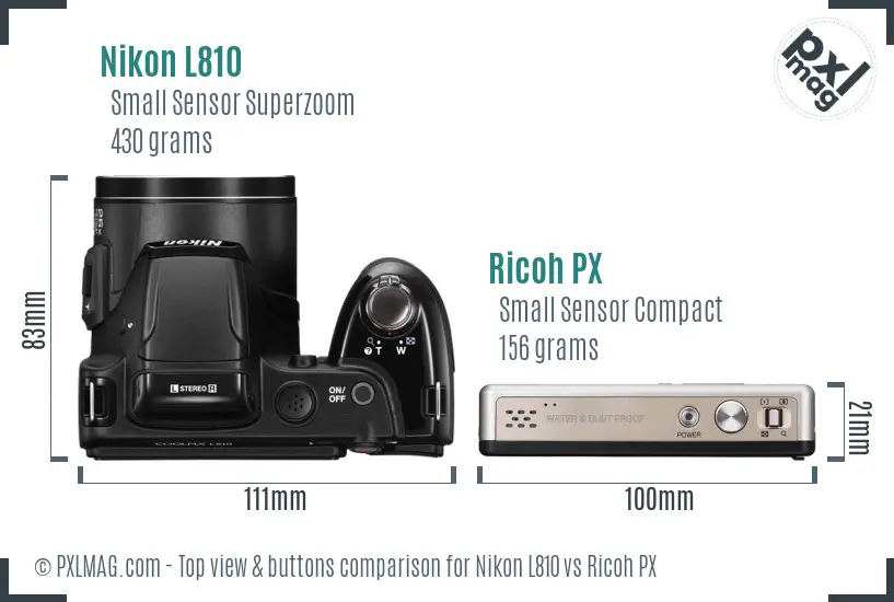 Nikon L810 vs Ricoh PX top view buttons comparison