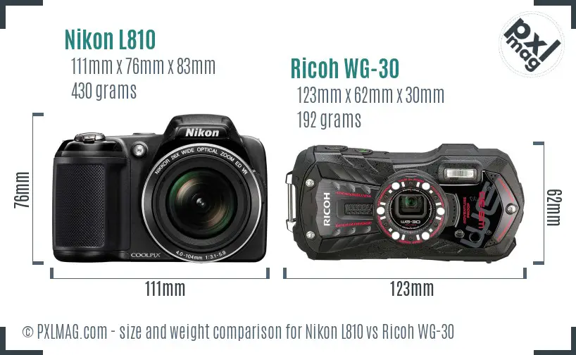 Nikon L810 vs Ricoh WG-30 size comparison