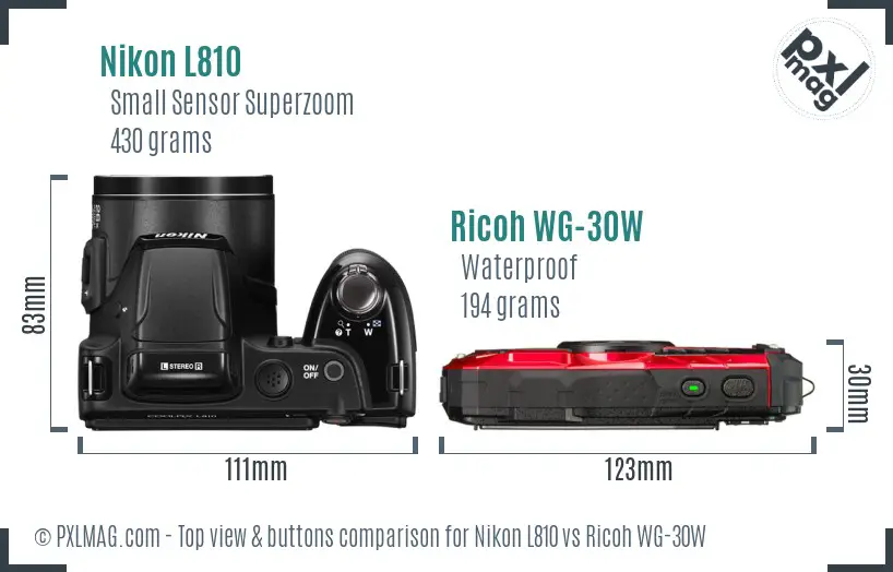 Nikon L810 vs Ricoh WG-30W top view buttons comparison