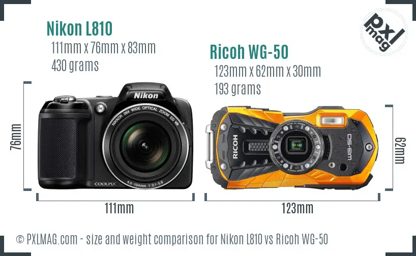 Nikon L810 vs Ricoh WG-50 size comparison