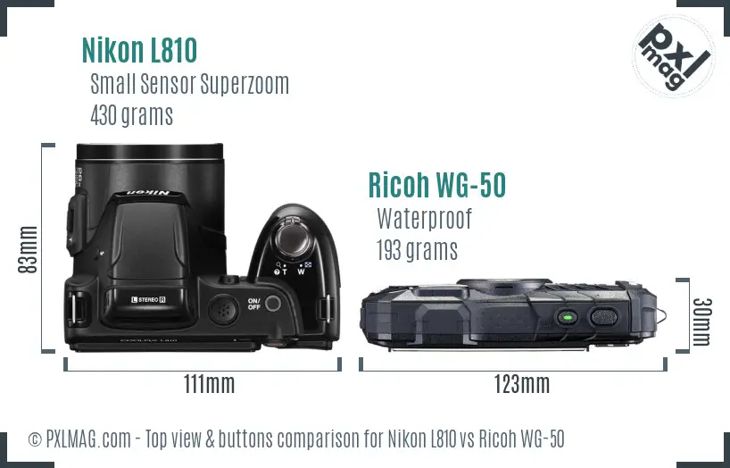 Nikon L810 vs Ricoh WG-50 top view buttons comparison