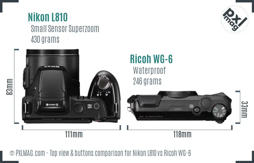 Nikon L810 vs Ricoh WG-6 top view buttons comparison